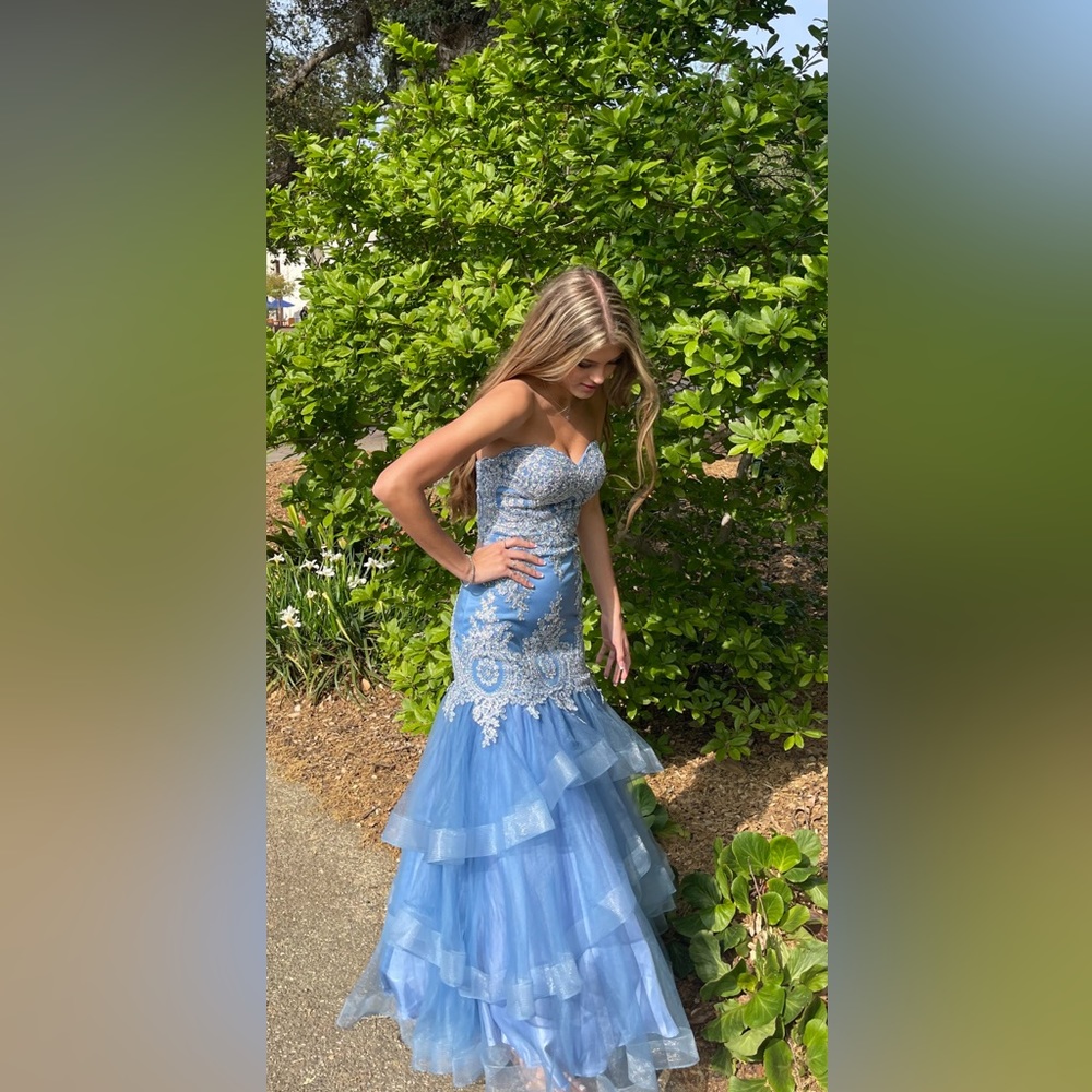 Strapless Carolina Blue Prom Dress with Silver Beading, sequins and gems.
